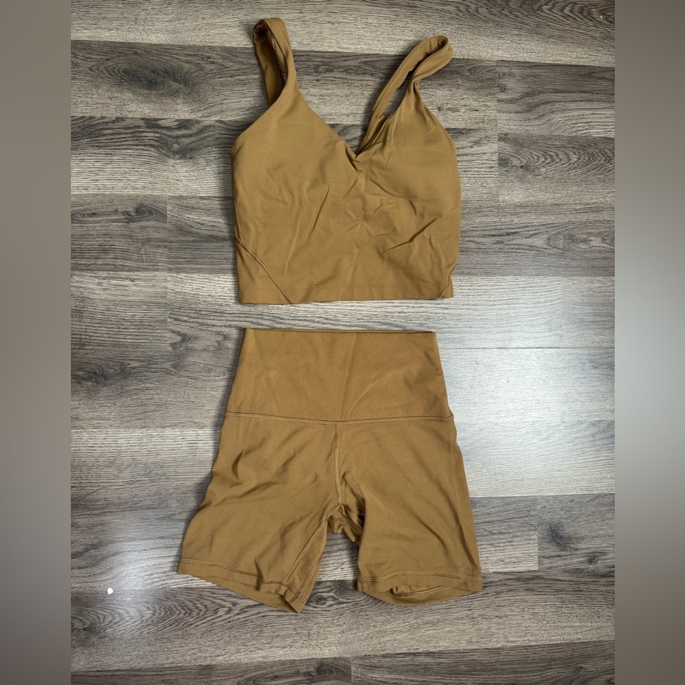 lululemon athletica Cropped Sports Bra and High-Waist Bike Shorts in Caramel
